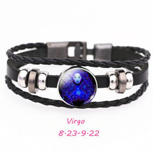 Load image into Gallery viewer, 12 Constellation Zodiac Sign Black Buckle Leather Bracelet