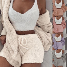 Load image into Gallery viewer, Women 2PCS/Set Sexy Fluffy Velvet Plush Hooded Cardigan Coat+Shorts