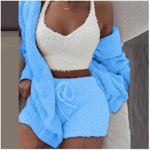 Load image into Gallery viewer, Women 2PCS/Set Sexy Fluffy Velvet Plush Hooded Cardigan Coat+Shorts