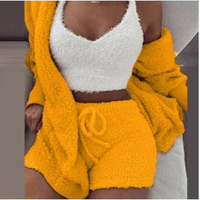Load image into Gallery viewer, Women 2PCS/Set Sexy Fluffy Velvet Plush Hooded Cardigan Coat+Shorts