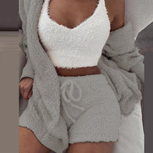Load image into Gallery viewer, Women 2PCS/Set Sexy Fluffy Velvet Plush Hooded Cardigan Coat+Shorts