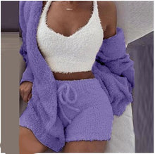 Load image into Gallery viewer, Women 2PCS/Set Sexy Fluffy Velvet Plush Hooded Cardigan Coat+Shorts
