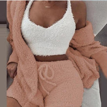 Load image into Gallery viewer, Women 2PCS/Set Sexy Fluffy Velvet Plush Hooded Cardigan Coat+Shorts