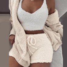 Load image into Gallery viewer, Women 2PCS/Set Sexy Fluffy Velvet Plush Hooded Cardigan Coat+Shorts