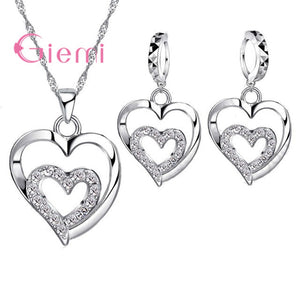 Women CZ Crystal Double Love Heart Necklace&Earrings Jewelry Set