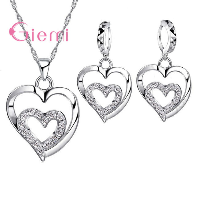 Women CZ Crystal Double Love Heart Necklace&Earrings Jewelry Set