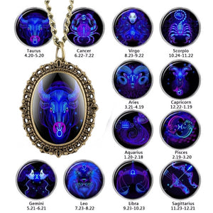 New 12 Constellation Astrology Oval Pocket Watch Unique Fluorescent Blue Zodiac Necklace Pendant