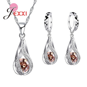 Sterling Silver Water Drop Necklace+Dangle Earrings Jewelry Set