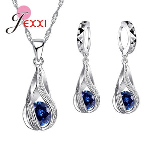 Sterling Silver Water Drop Necklace+Dangle Earrings Jewelry Set