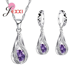 Sterling Silver Water Drop Necklace+Dangle Earrings Jewelry Set