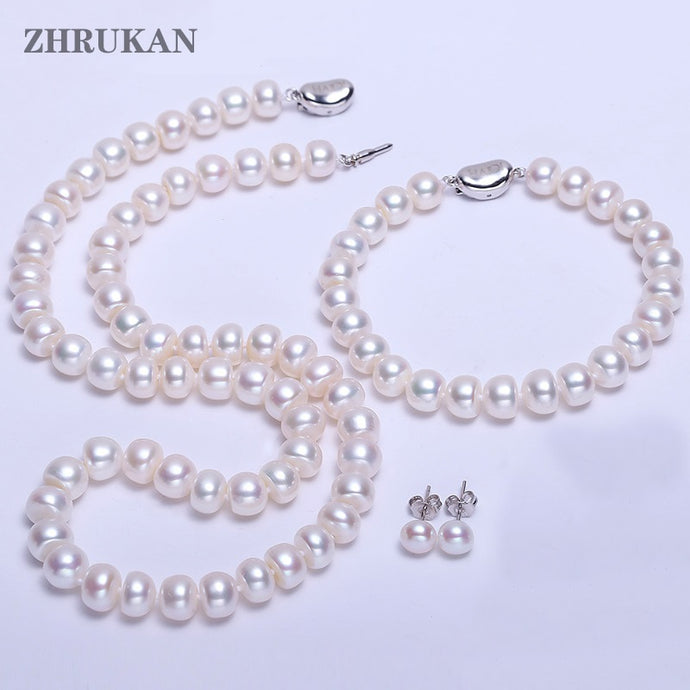 8-9mm Real Natural Freshwater Pearls- 925 Sterling Silver Necklace, Earrings, Bracelet Set