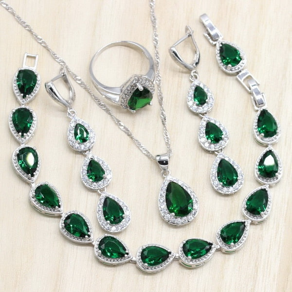 925 Sterling Silver Jewelry Sets - Green Cubic Zircon with  Free Gift Box