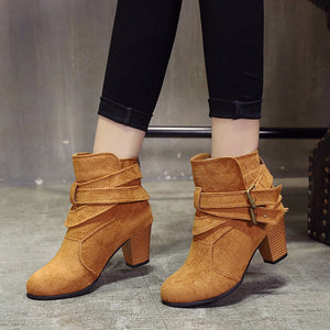 Buckle Suede Boots with High Heel Ankles