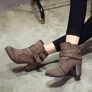 Buckle Suede Boots with High Heel Ankles