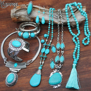 Yumfeel New Turquoise Bracelet Jewelry Set Vintage Silver Plated Necklace Bracelet Earring Ring Jewelry Sets