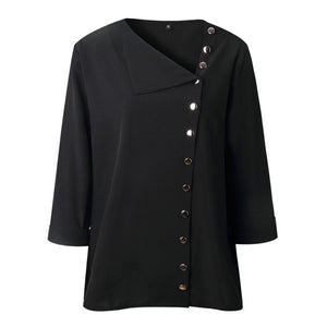 Women's Long Sleeve Shirt Tops with Skew Collar and Side Button Decoration