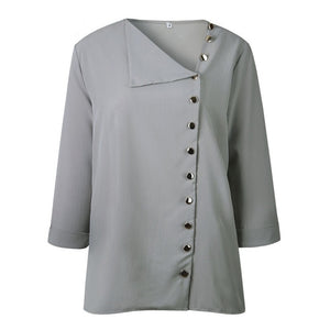 Women's Long Sleeve Shirt Tops with Skew Collar and Side Button Decoration