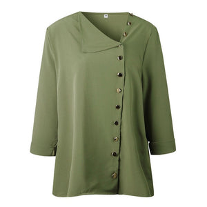 Women's Long Sleeve Shirt Tops with Skew Collar and Side Button Decoration