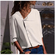 Load image into Gallery viewer, Women&#39;s Long Sleeve Shirt Tops with Skew Collar and Side Button Decoration