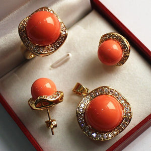 Noble Jewelry Set 18KGP + 12-14mm orange shell pearl, ring, pendant & stud earring jade