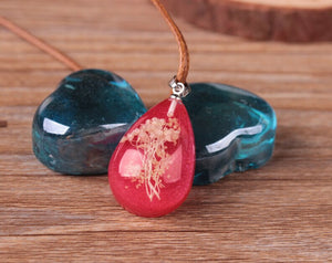 Transparent Water Drop Dry Flower Pendant Necklace