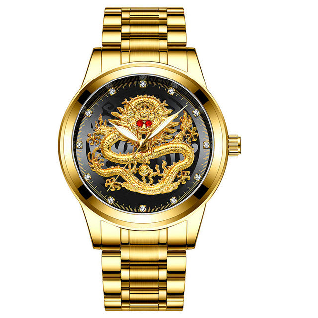 FNGEEN Men Golden Luxury Waterproof Full Steel Quartz Dragon Watches