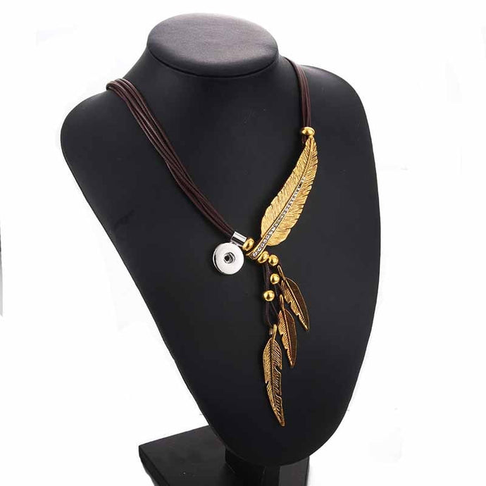 Genuine Leather Feather Shape Snaps Pendant Necklace