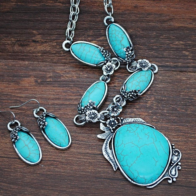 Yumfeel New Turquoise Bracelet Jewelry Set Vintage Silver Plated Necklace Bracelet Earring Ring Jewelry Sets