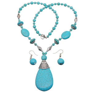 Yumfeel New Turquoise Bracelet Jewelry Set Vintage Silver Plated Necklace Bracelet Earring Ring Jewelry Sets