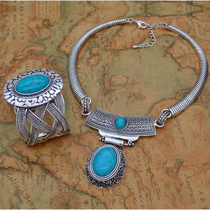 Yumfeel New Turquoise Bracelet Jewelry Set Vintage Silver Plated Necklace Bracelet Earring Ring Jewelry Sets