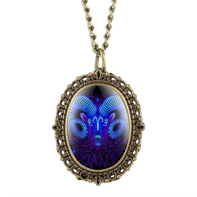 New 12 Constellation Astrology Oval Pocket Watch Unique Fluorescent Blue Zodiac Necklace Pendant