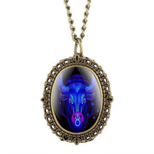 Load image into Gallery viewer, New 12 Constellation Astrology Oval Pocket Watch Unique Fluorescent Blue Zodiac Necklace Pendant