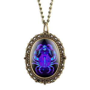 New 12 Constellation Astrology Oval Pocket Watch Unique Fluorescent Blue Zodiac Necklace Pendant