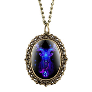 New 12 Constellation Astrology Oval Pocket Watch Unique Fluorescent Blue Zodiac Necklace Pendant