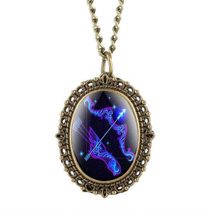 New 12 Constellation Astrology Oval Pocket Watch Unique Fluorescent Blue Zodiac Necklace Pendant