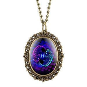 New 12 Constellation Astrology Oval Pocket Watch Unique Fluorescent Blue Zodiac Necklace Pendant