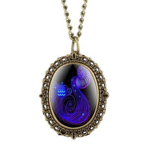 New 12 Constellation Astrology Oval Pocket Watch Unique Fluorescent Blue Zodiac Necklace Pendant