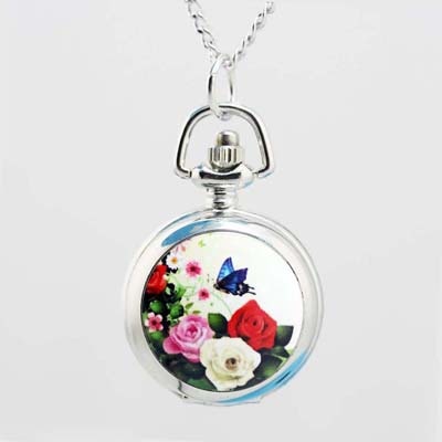 shsby Vintage pocket Watches with Flower Design and Silver Chain Necklace