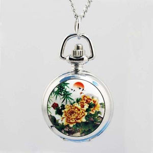 shsby Vintage pocket Watches with Flower Design and Silver Chain Necklace