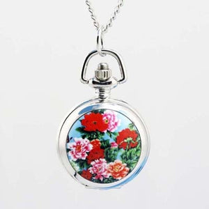 shsby Vintage pocket Watches with Flower Design and Silver Chain Necklace