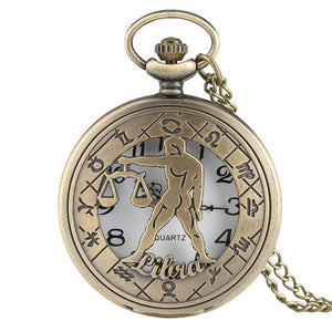 12 Constellation Astrology Zodiac Retro Bronze Pocket Watch