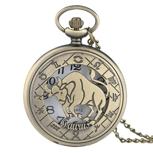 12 Constellation Astrology Zodiac Retro Bronze Pocket Watch