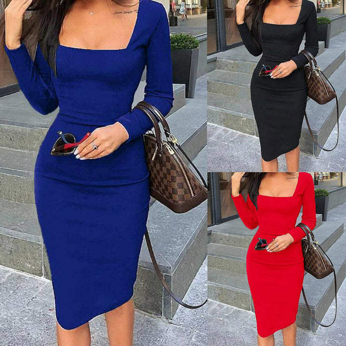 Ladies Long Sleeve Square Collar Solid Slim Stretch Knit Midi Evening Dress