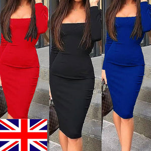 Ladies Long Sleeve Square Collar Solid Slim Stretch Knit Midi Evening Dress