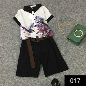 Chiffon printed shirt + fashion shorts with belt