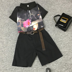 Chiffon printed shirt + fashion shorts with belt