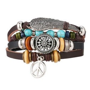 Metal and Leather Bracelet & Bangles Multilayer Wide Wrap Jewelry