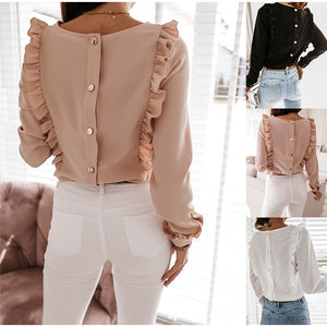 Women Ruffles Back Buttons O-Neck Long Sleeve Tops