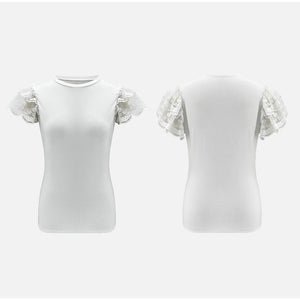 Woman's Summer Tops - Black / White Solid Lace Petal Short Sleeve Blouse