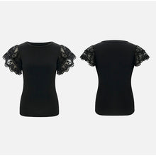 Load image into Gallery viewer, Woman&#39;s Summer Tops - Black / White Solid Lace Petal Short Sleeve Blouse